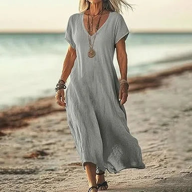 Independent Station Loose Solid Color V-neck Cotton and Linen Women's Dress
