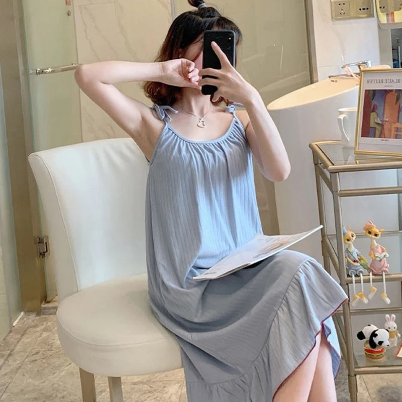 Korean Style Ladies Lovely Summer Sleeveless Strap Sleepwear Woman Night Dress Sleeping Nightgown Home Clothes