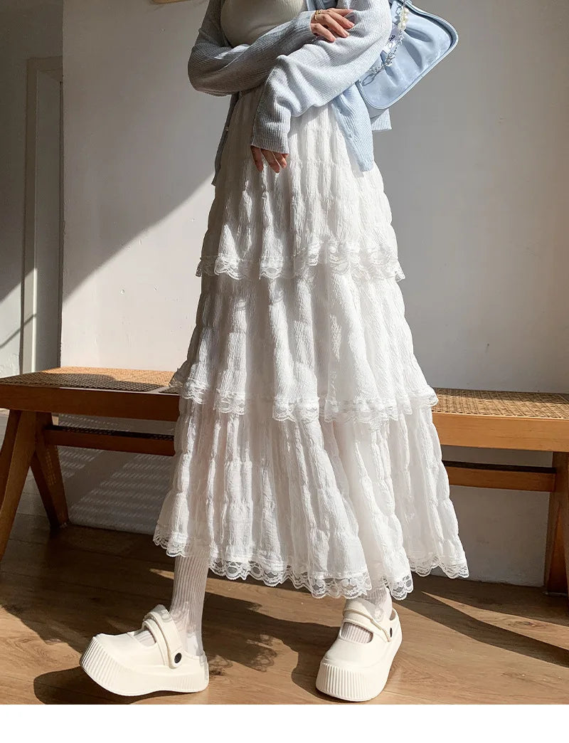 Sweet Lace Ruffles Long Skirt Women Summer Cute Puff Cake A Line Skirt Woman Korean Style High Waist White Chiffon Tulle Skirt