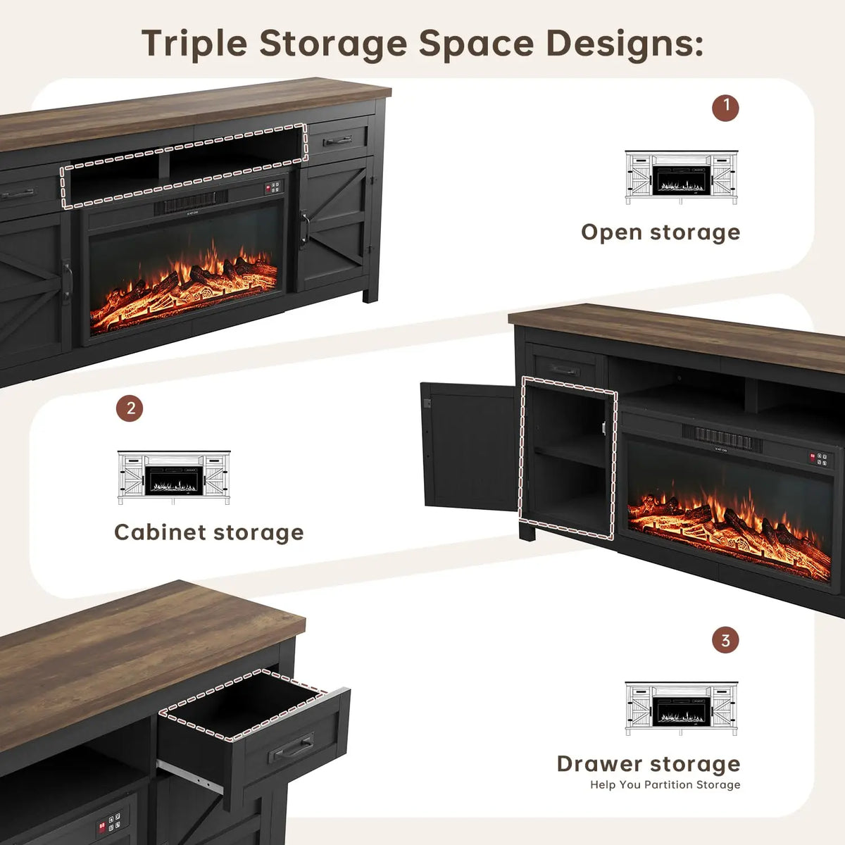 80" Black TV Stand With Sliding Barn Door & Fireplace Insert, Modern Living Room Media Console, Customized