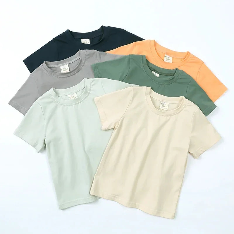 2026 Summer Kids Boys Girls T-Shirt Solid Cotton Breathable Teenager Short Children Casual Shirt For 12M-9T Baby Korean Top