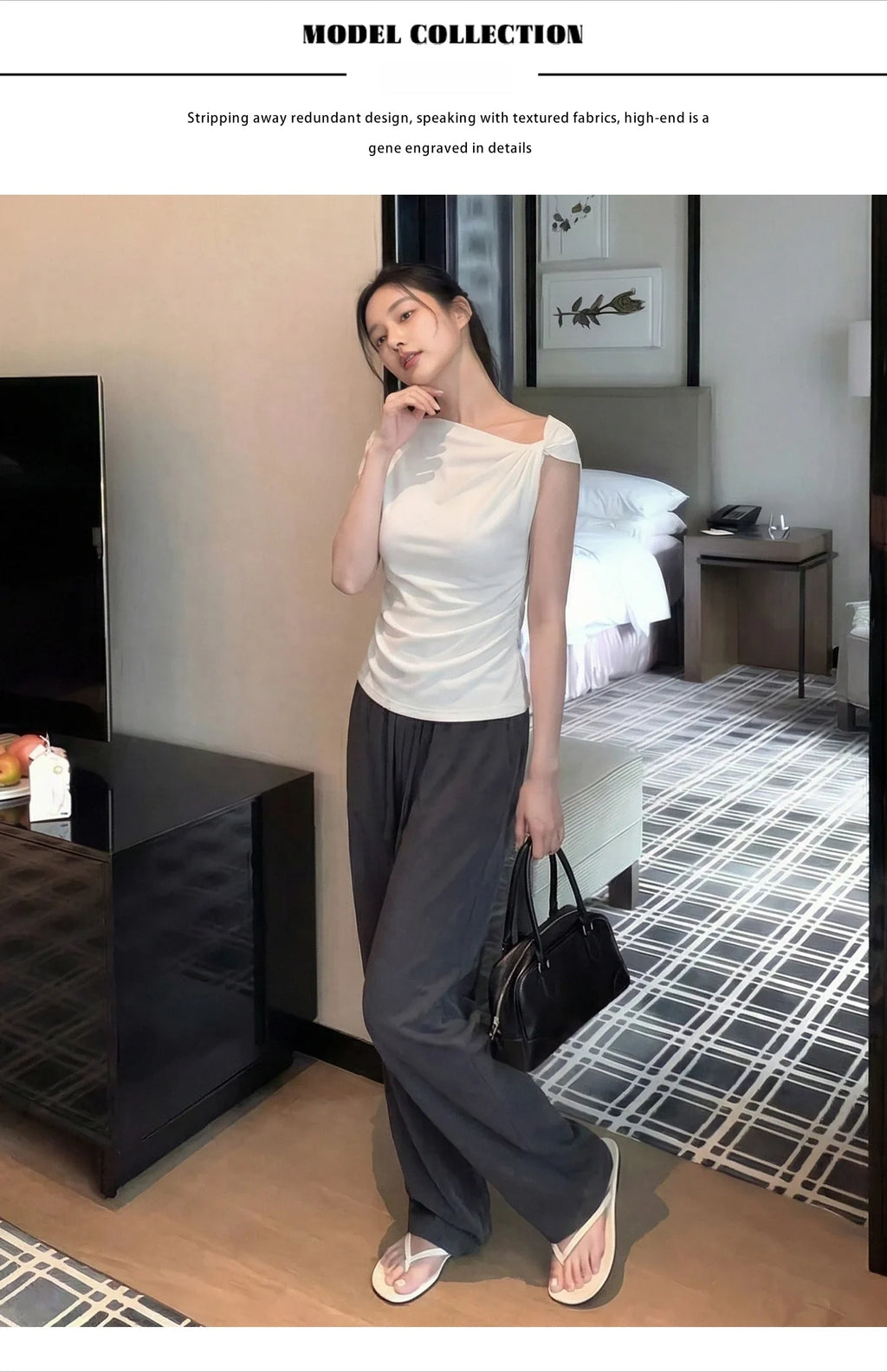 White Diagonal Shoulder Short Sleeve Crop Top 2026 Summer Solid Waist Pleated Women T-shirt Korean Style Minimalist Slim Tee