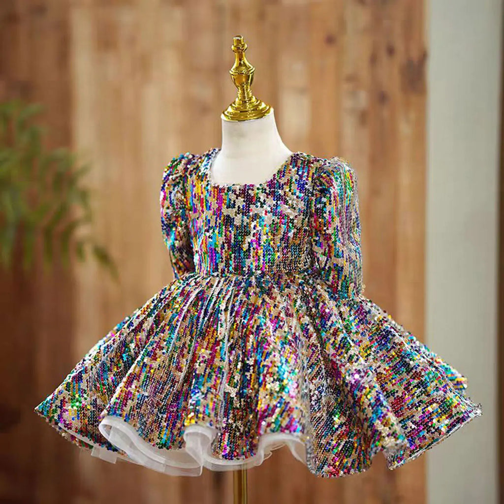 Dreamy Vow J781 Colorful Square Collar Sequined Flower Girl Dress With headdress Half Sleeve Wedding Birthday Holiday Party Gown