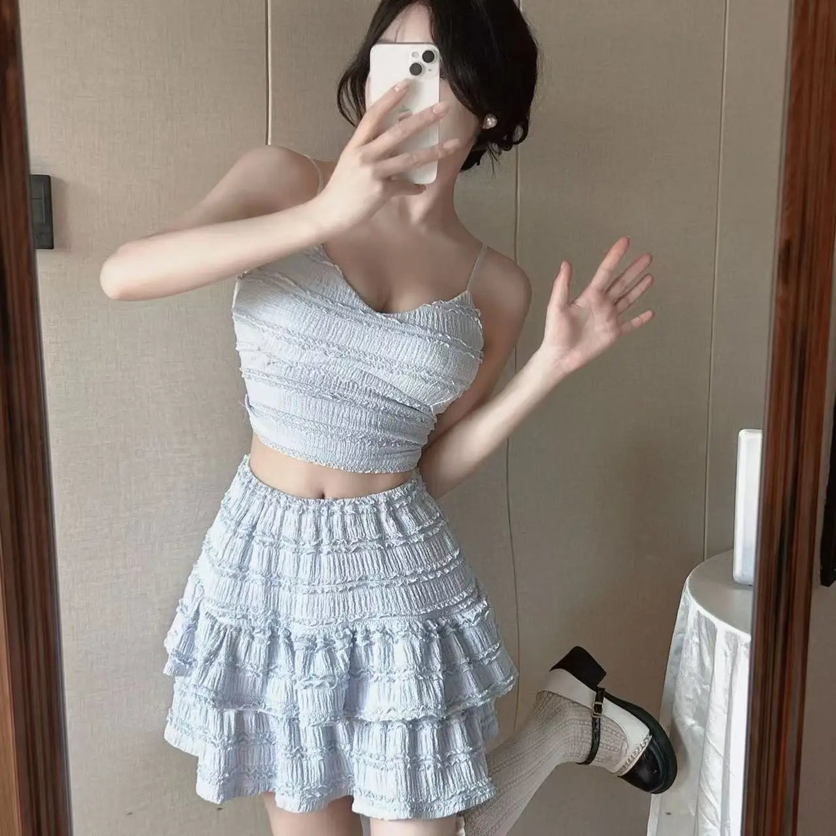 Ballet Style Puffy Short Skirt Women Summer Lace Crop Top Design Sensation Half Skirt Pure Desire Sweet And Spicy Set