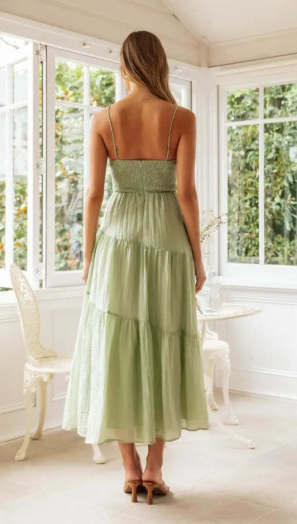 Women Spaghetti Strap Front Tie Tiered Flowy Backless Maxi Dress