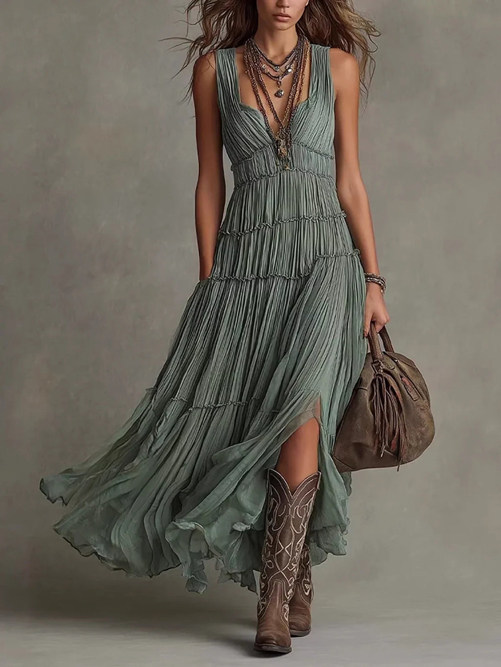 Women Boho Sleeveless V Neck Tiered Pleated Maxi Dress Ruffled Chiffon Flowy Split Hem Vintage Country Casual Western Long Dress