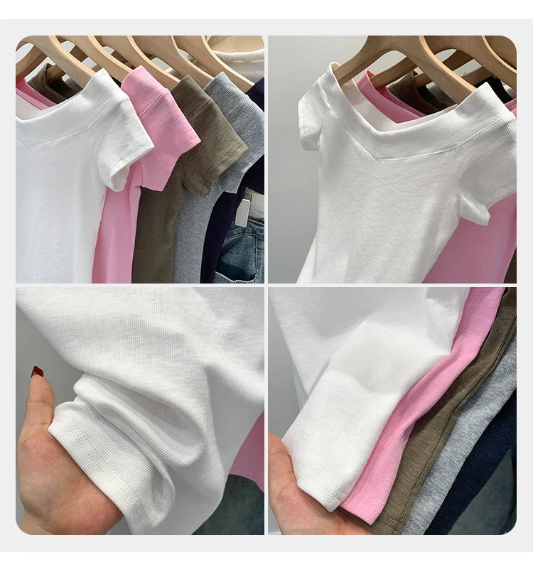 Pink Shoulder Bared Short Sleeve T Shirt Women's Summer New Style Ageless Lady Pure Desire Spicy Girl Top Simple Backless Design