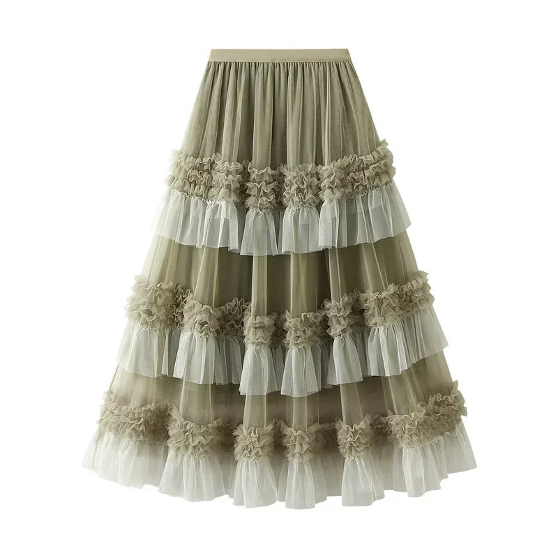 ARBXD Women's Mid-Calf Pleated Skirt - Casual Ball Gown Patchwork