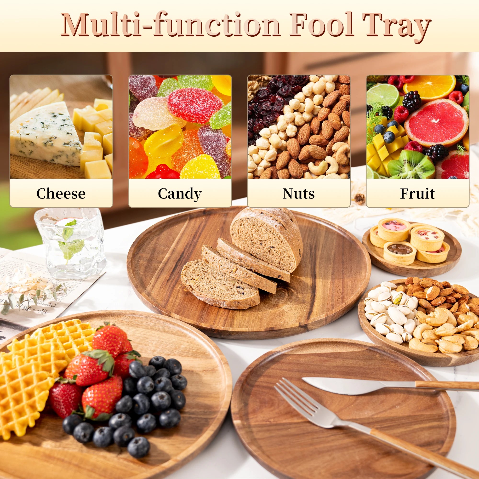 12.5/15/20/25/30cm Round Serving Platter Tray Acacia Wood Pizza Salad Plate Fruit Dessert Tray Bread Cake Container Snacks Dish