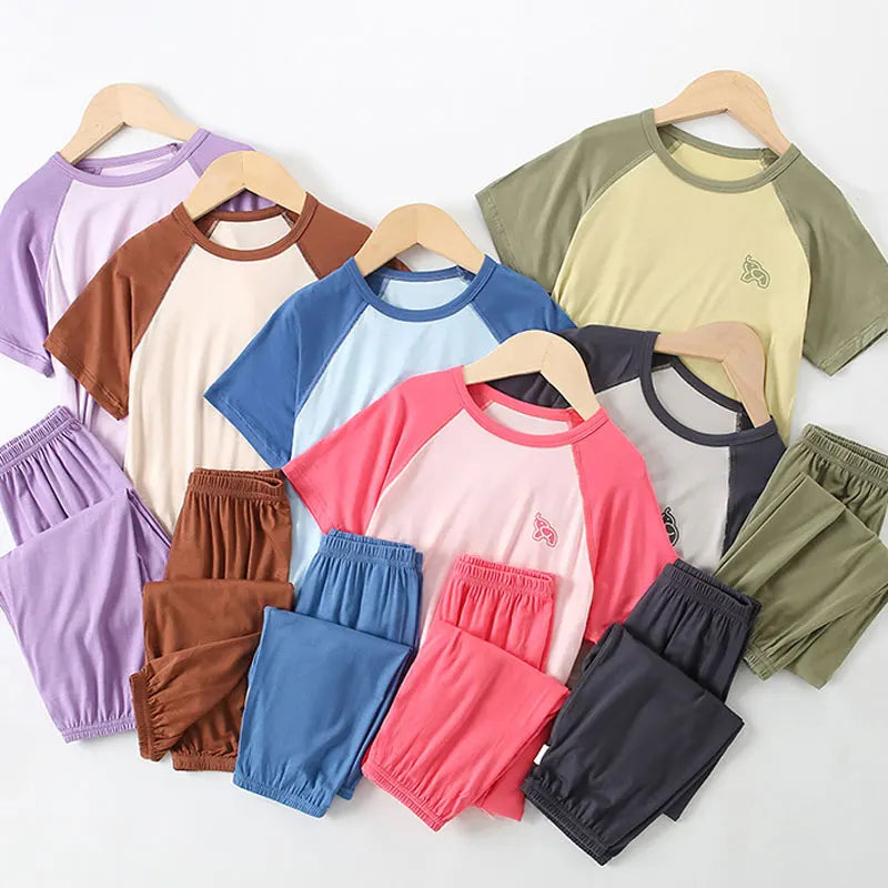 Teenage Boy Pajamas Summer Girl Short Sleeve Children's Clothing Sleepwear Silk Cotton Pyjamas Sets For Kids 4 8 9 12 13 14Years