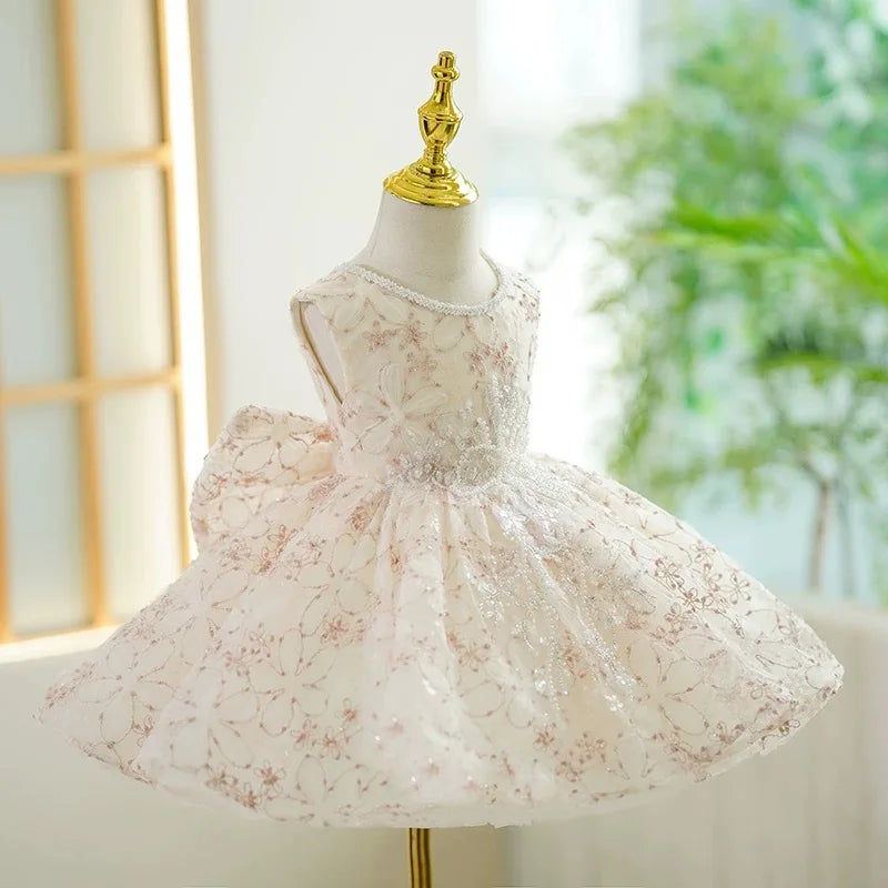Dreamy Vow J418 Delicate Beige Girl Dress Sleeveless Tulle Floral Embroidery Bow Detail for Kids Holiday Party Short Ball Gown