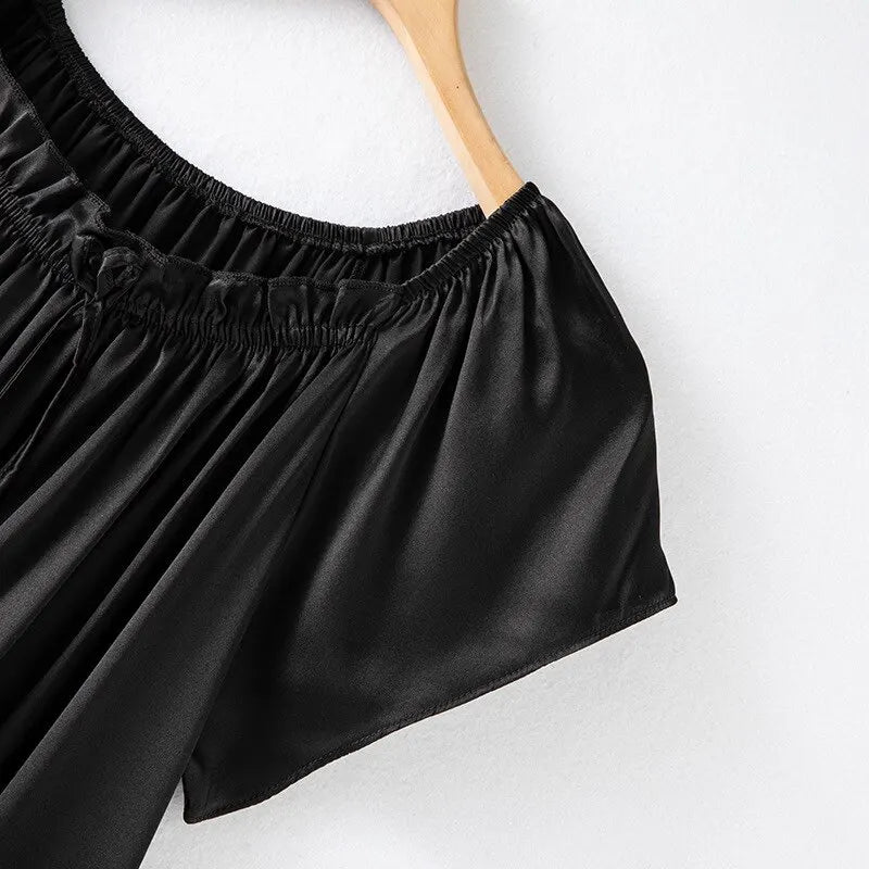 Loose 100%Silk Short Sleeve Nightgown, Summer Medium-long Satin Sleepwear Woman