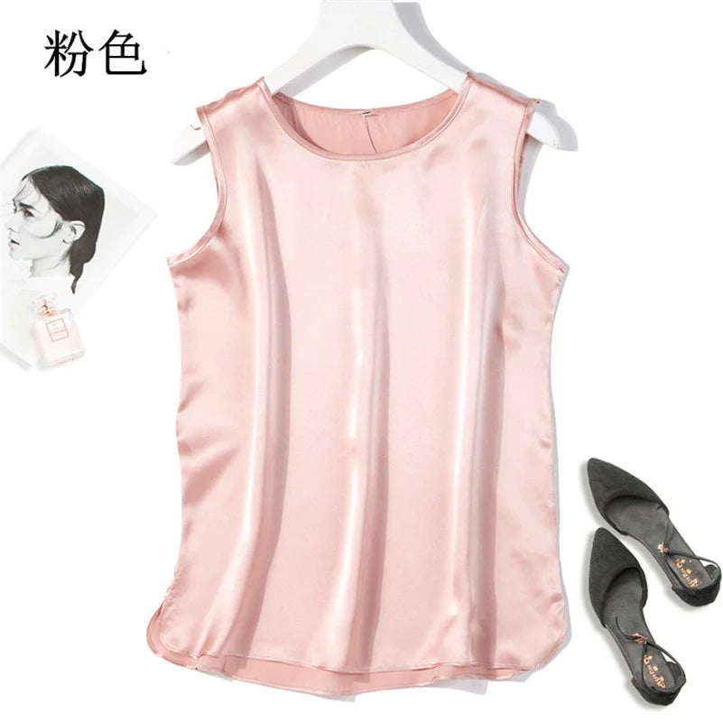 Elegant Fashion Satin Tank Tops Office Lady Blouse Shirts plus  Summer Slim Sleeveless Vest Women Simple O-neck Tops y2k clothes
