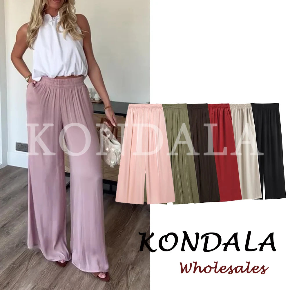KONDALA Women's Wide Leg Pants - Casual Elastic Waist Trousers Pink