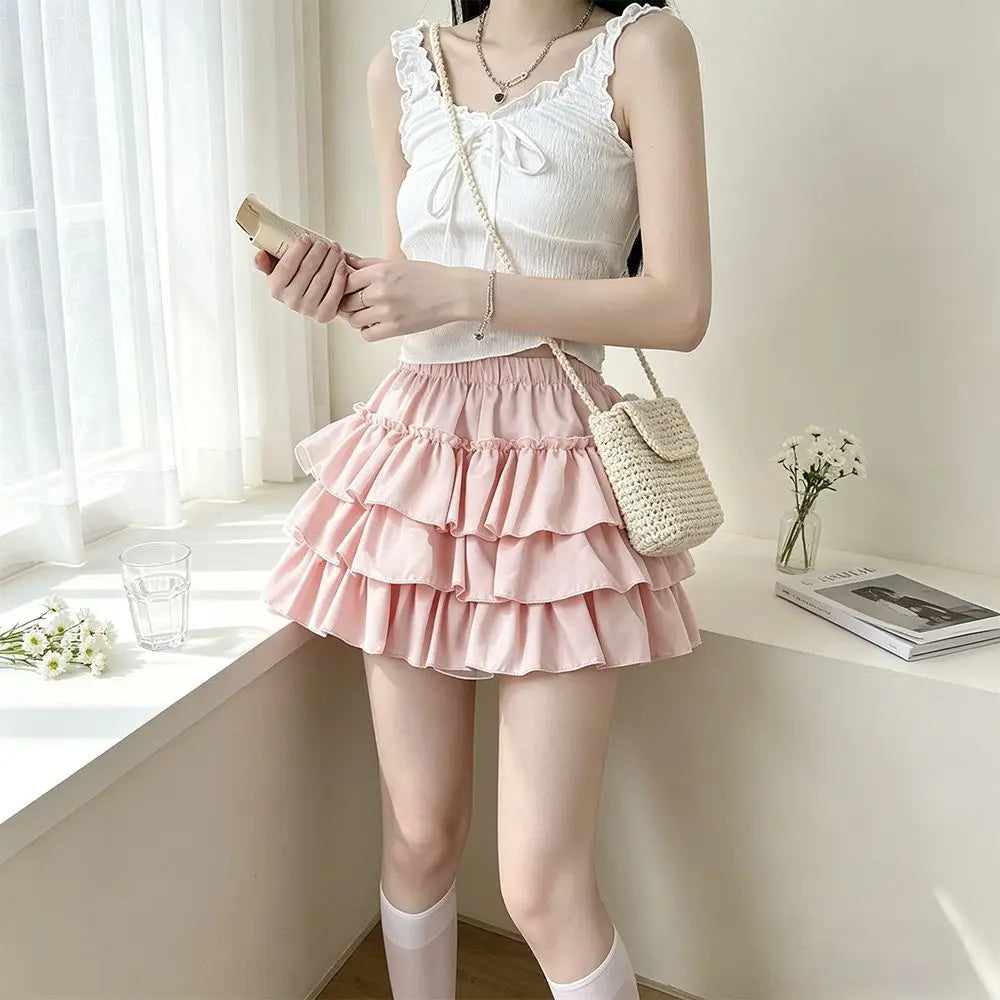 Sweet Ballet Ruffles Mini Skirt Women Ball Gown Casual Pumpkin High Waist Puffy Y2k Clothes Lolita Pleated Skirt with Shorts