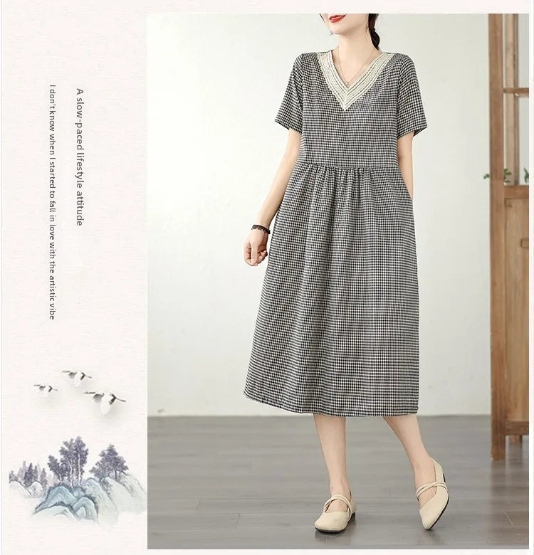 Retro Fashion Casual Plaid Dress Women Summer New V-neck Lace Splicing Loose Slimming Skirt over Knee Cotton Polyester Blend