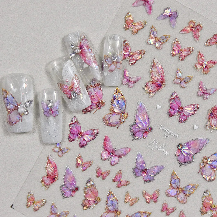 1pcs 5D Luxury Kawaii Butterfly Nail Stickers Japanese Glitter Shell Aurora Nail Art Decorations Decals DIY Manicure Slider Foil