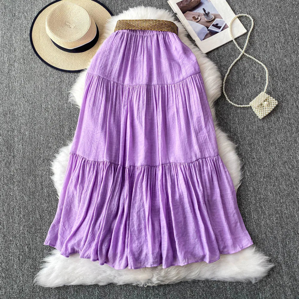 White Casual Mid-Length Puffy Skirt Women's Summer High Waist Slimming Cake Skirt Korean Sle Commute A-Line Skirt