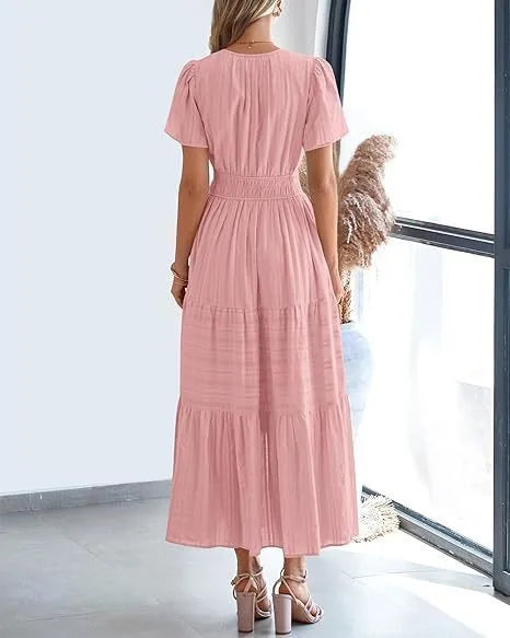 Summer Solid Color V-neck Tight Waist Dress French Style Elegant Pleated Large Swing Long Dress Casual Vacation Style Slimming M