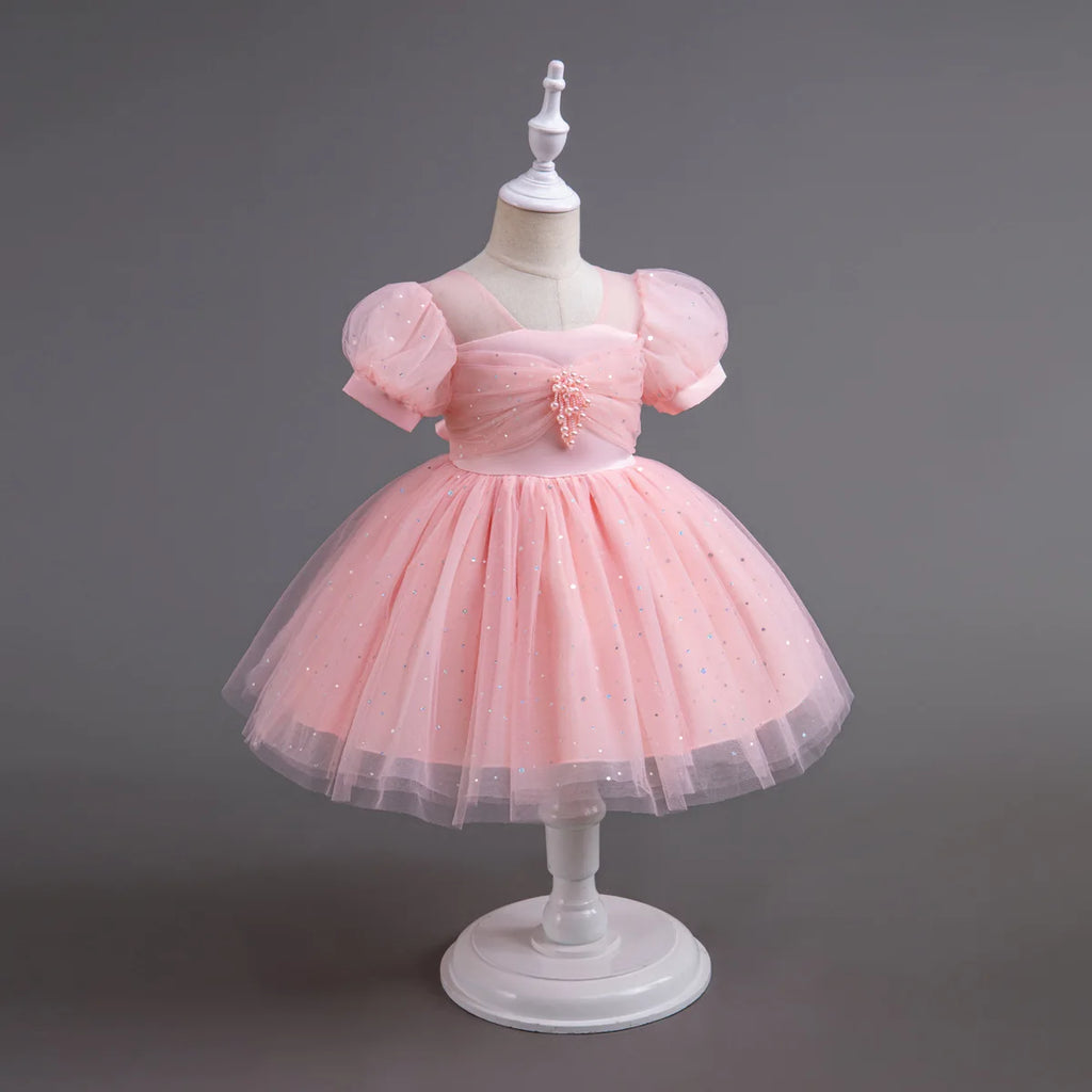 HETISO Pearls Bowknot Kids Girls Dresses Summer Tulle Vintage Elegant Princess Party Gown Children's Gift