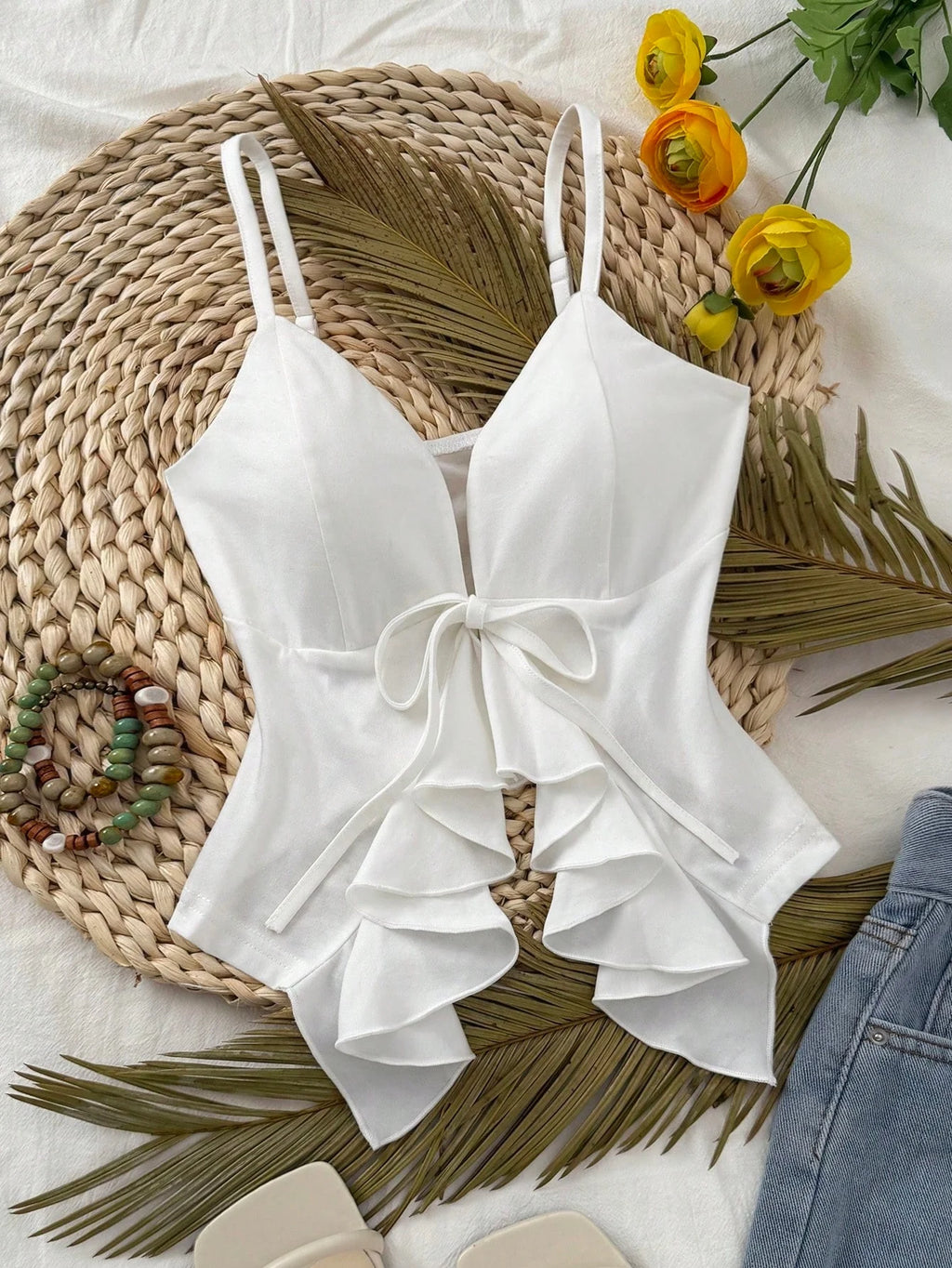 Women Thin Spaghetti Strap Deep V Front Self Tie Ruffle Hem Slim Crop Camisole 2026 Summer Y2K Solid White Sleeveless Going Out