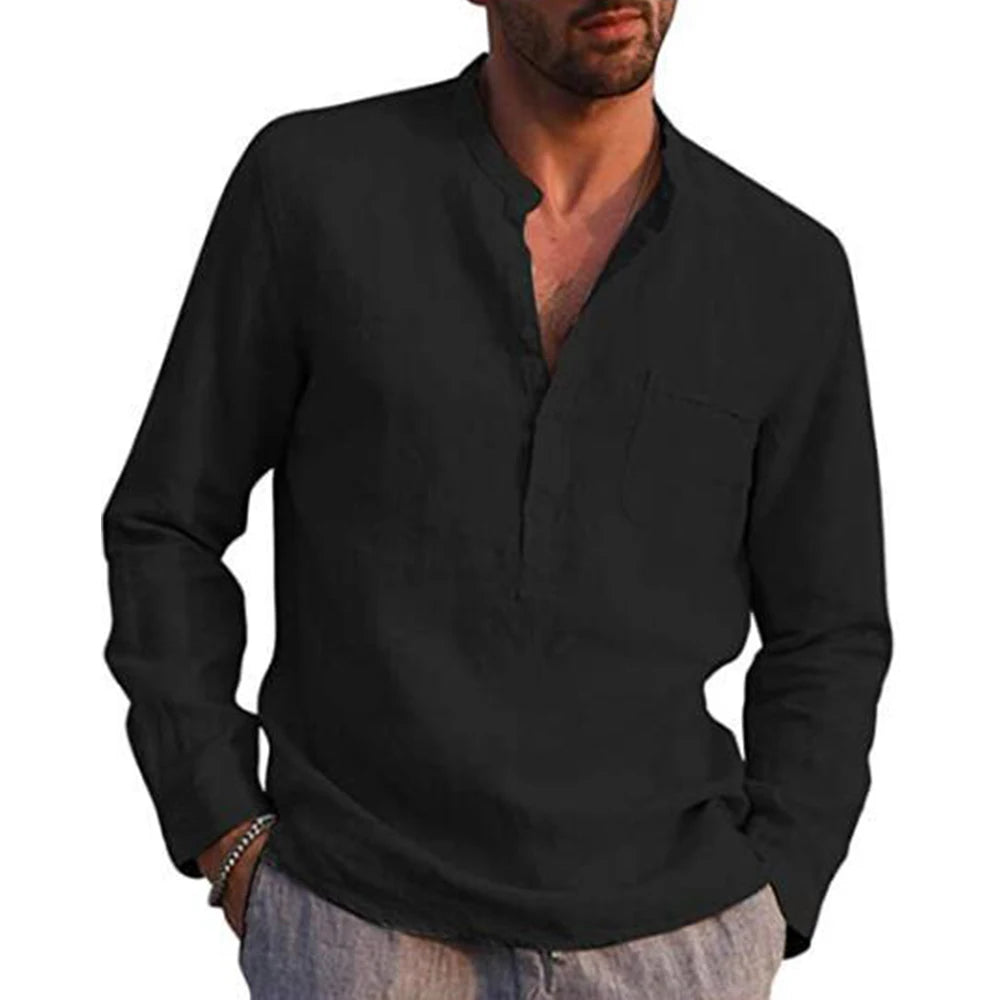 Cotton Linen  Men'S Long-Sleeved Shirts Summer Solid Color Stand-Up Collar Casual Beach Style Plus Size