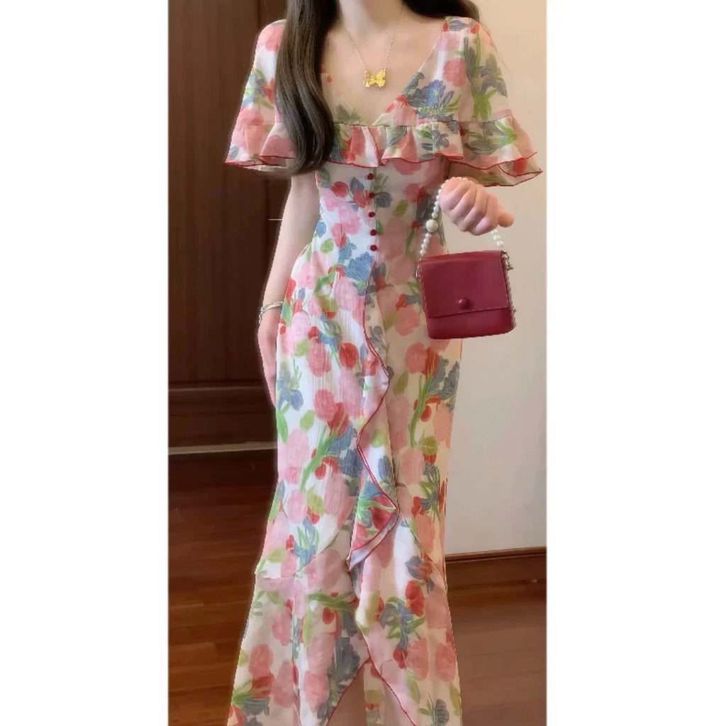 Romantic Elegant Vintage Floral Print Women's Dress Summer Slimming Long Skirt High Waist Short Sleeve A-Line Midi Dress