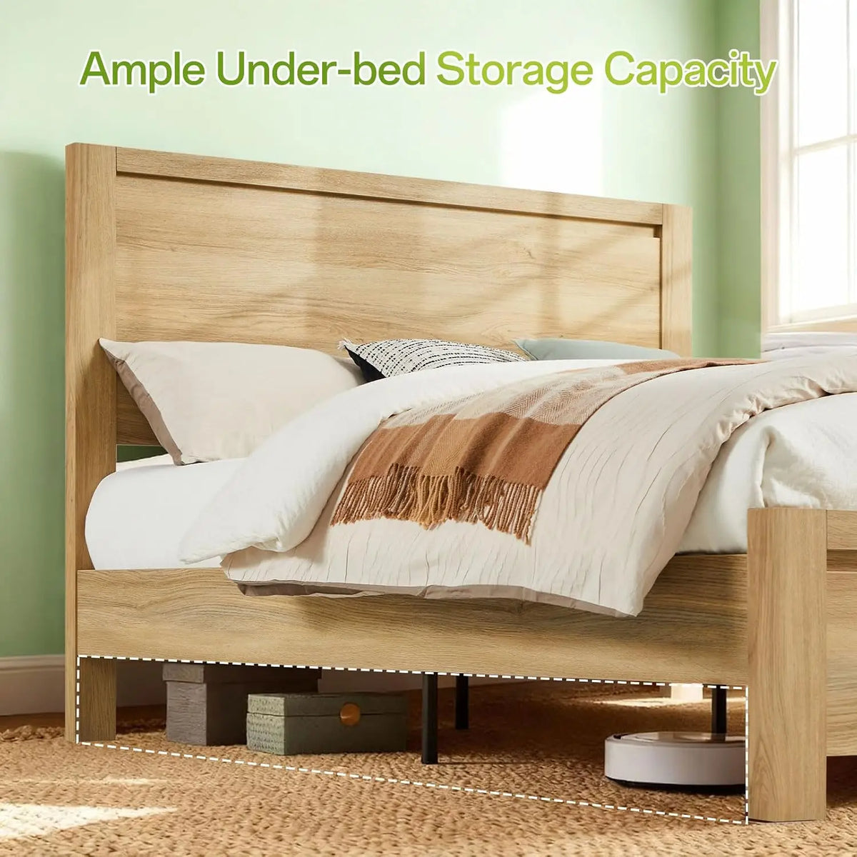 Mid-Century Queen Bed Frame Headboard Wood Slat Support Noise Free No Box Spring 1000Lb Easy Assembly Oak, Customized