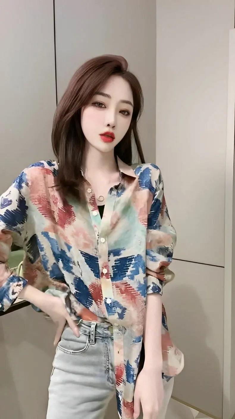 Spring 2026 Floral Print Loose Long Sleeve Women's Shirt Fashionable Versatile Korean Style Commute Polonaise Polyester Fiber