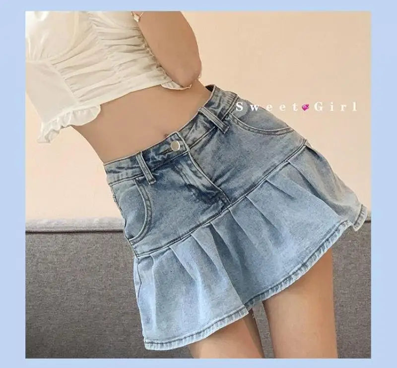 Y2K Vintage Denim Skirt Women Summer Fashion High Waist A-Line Wash Blue Slim Sexy Hot Girl Mini Jeans Ruffle Short Skirt Female