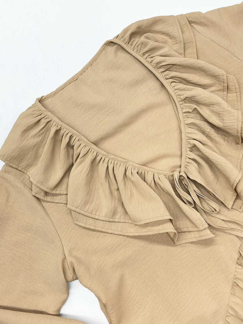 Parc Fee Fashion Loose Khaki Women's Dress Sexy V-Neck Long Sleeve Ankle Length Dresses Elegant Classic Ruffles Female Dress