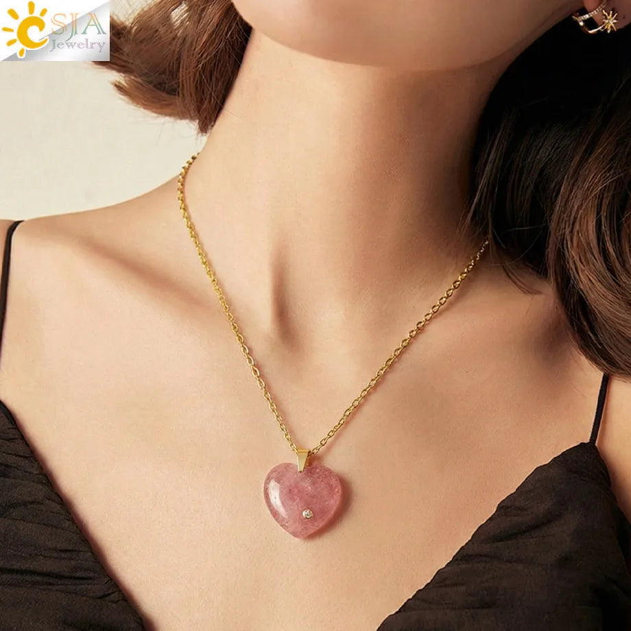 Csja Stainless Steel Natural Stone Heart Pendant Necklaces Charms Crystal Amethyst Rose Quartz Necklace Accessory Making H840