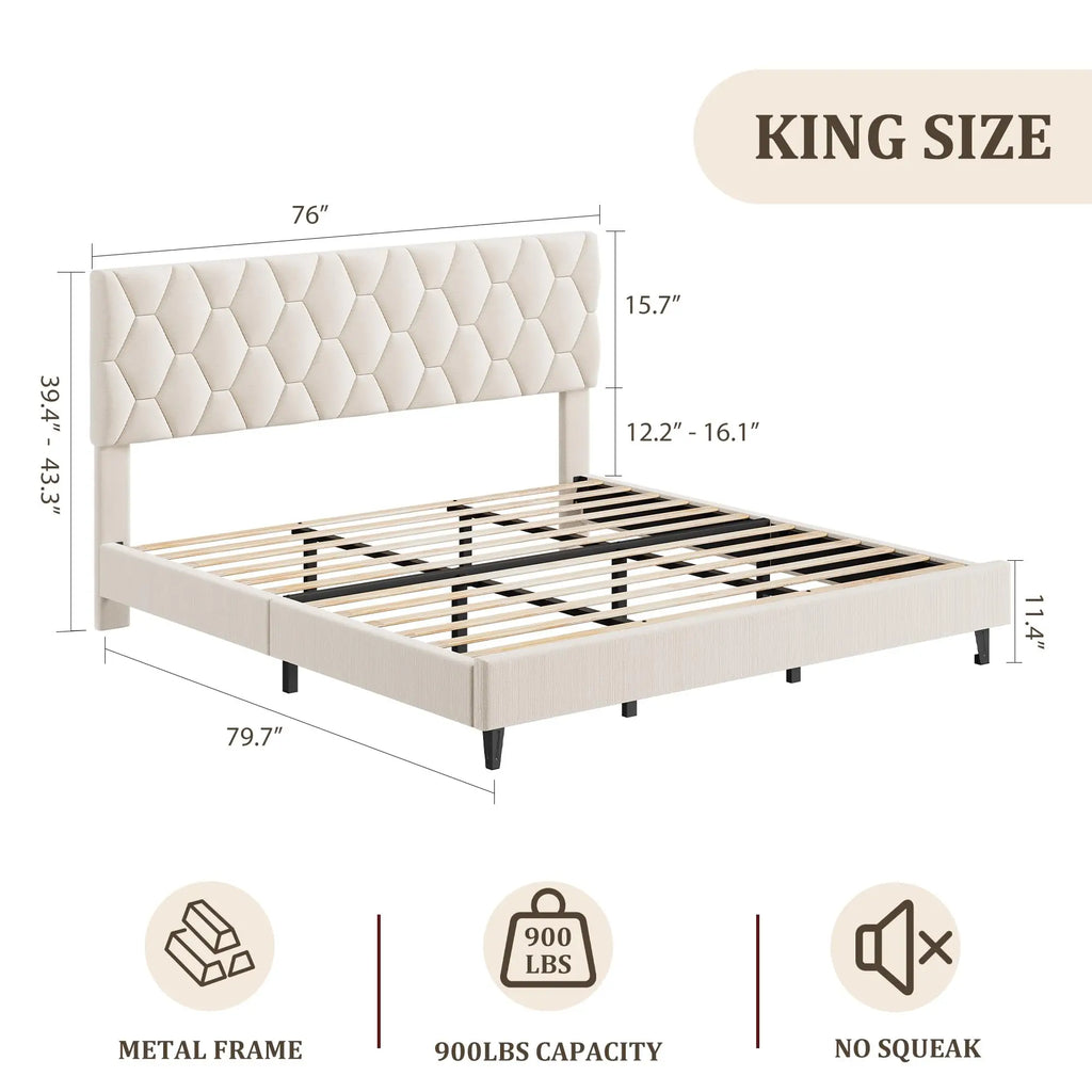 Upholstered Platform Bed Frame with Padded Headboard - Heavy-Duty Wood Slat Support, Noise-Free Non-Slip, No Box Spring Needed, Easy Assembly - KING