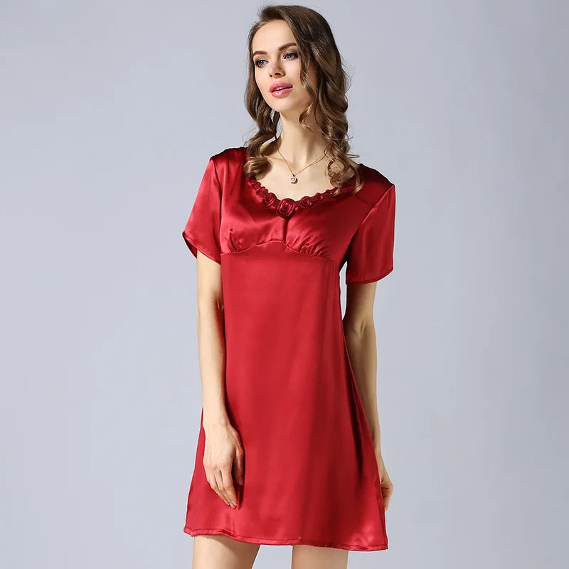 AYUNSUE Women's 100% Natural Mulberry Silk Nightdress - Short Sleeve