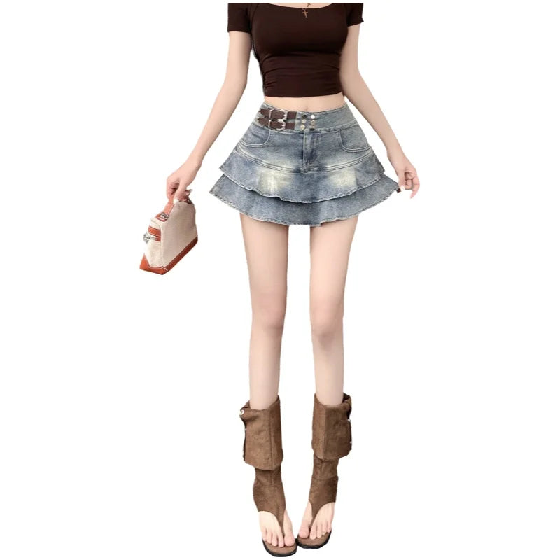 2026 American Pure Desire Spicy Girl Design Elastic Denim Skirt Half-length Pleated Cake Skirt Short Commute High Elasticity