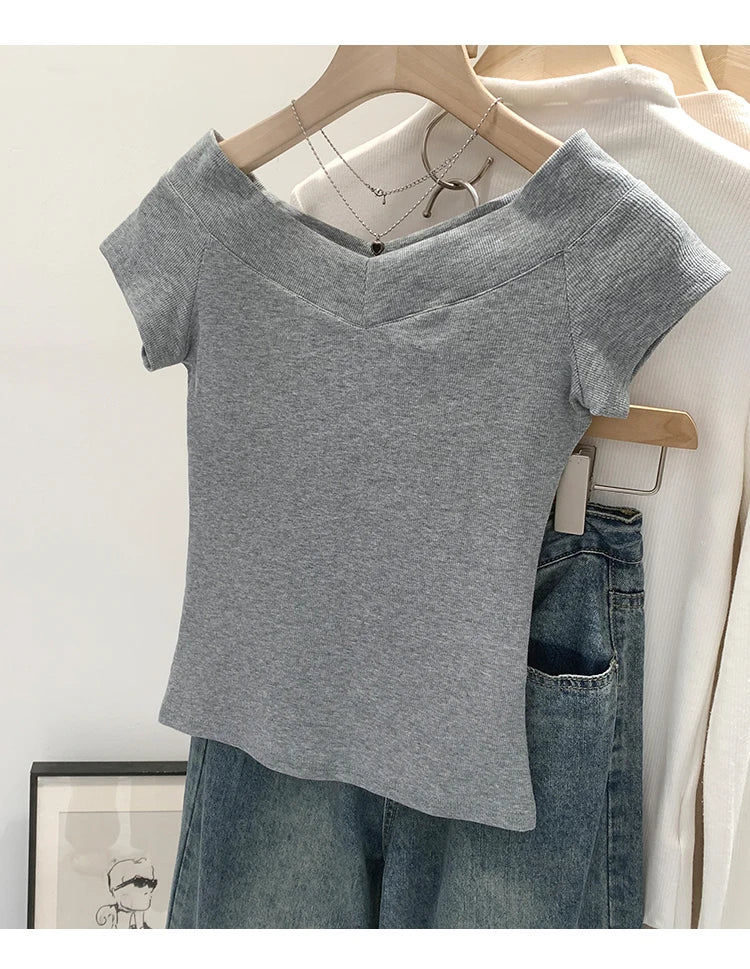 Pink Shoulder Bared Short Sleeve T Shirt Women's Summer New Style Ageless Lady Pure Desire Spicy Girl Top Simple Backless Design