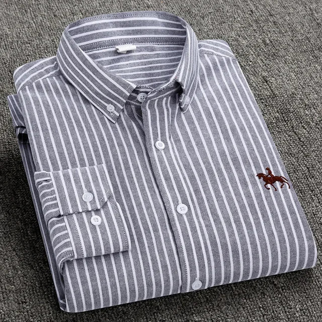 Premium Pure Cotton Oxford Shirt For Men Long Sleeve With Embroidered Horse Design Regular Fit White Dress Shirt