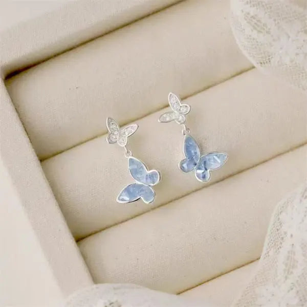 Light Luxury Shiny Zircon Butterfly Bracelet For Women'S Blue Rhinestone Double Butterfly Necklace Earring Set Girls Jewelry