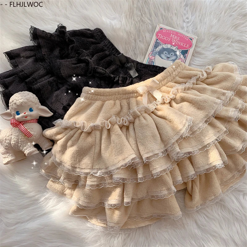 Autumn Velvet Bloomers Lolita Style Girls Cute Japan Sexy Lace Date Princess Pink Layer Puff Shorts Ruffles Lantern Small Pants