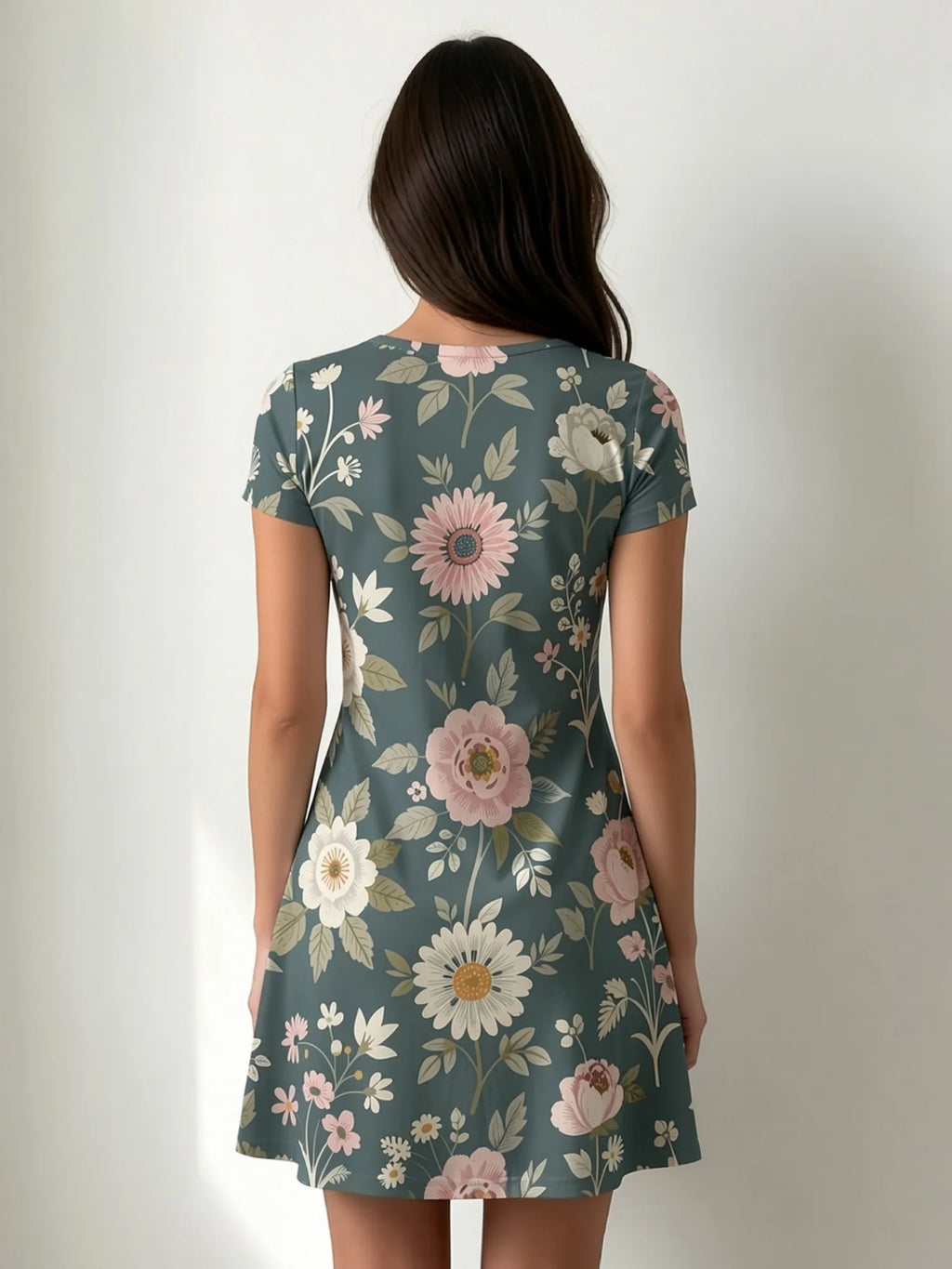 Womens Floral Print V Neck Short Sleeve A Line Dress Relaxed Fit Summer Mini Dress for Weekend Trips Vacation Travel and Parties