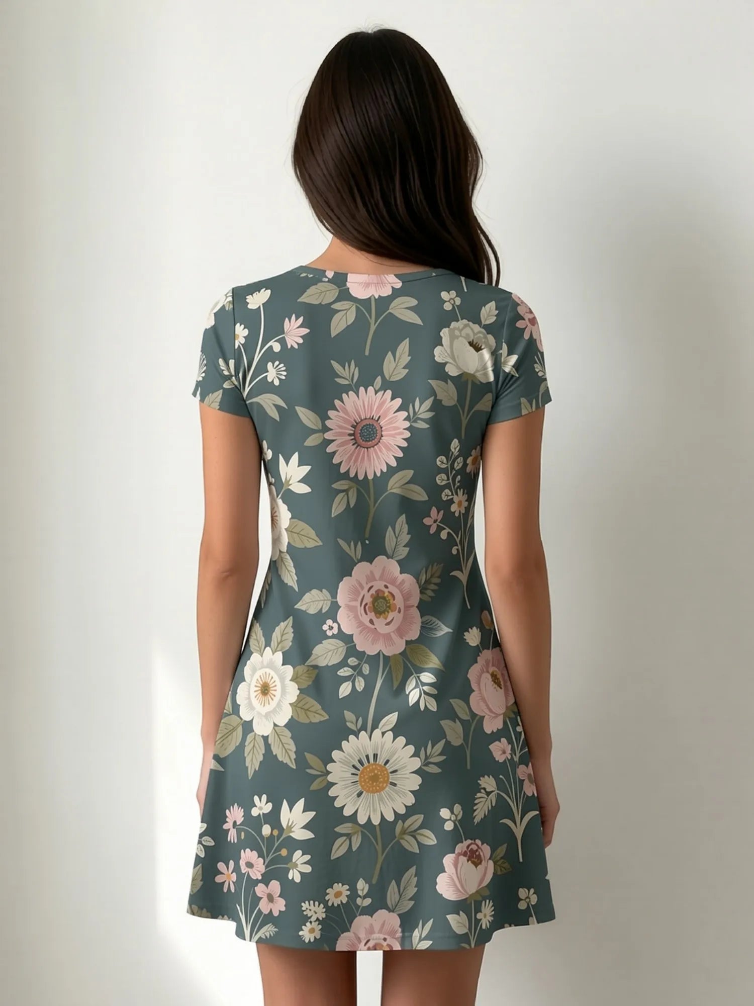 Womens Floral Print V Neck Short Sleeve A Line Dress Relaxed Fit Summer Mini Dress for Weekend Trips Vacation Travel and Parties