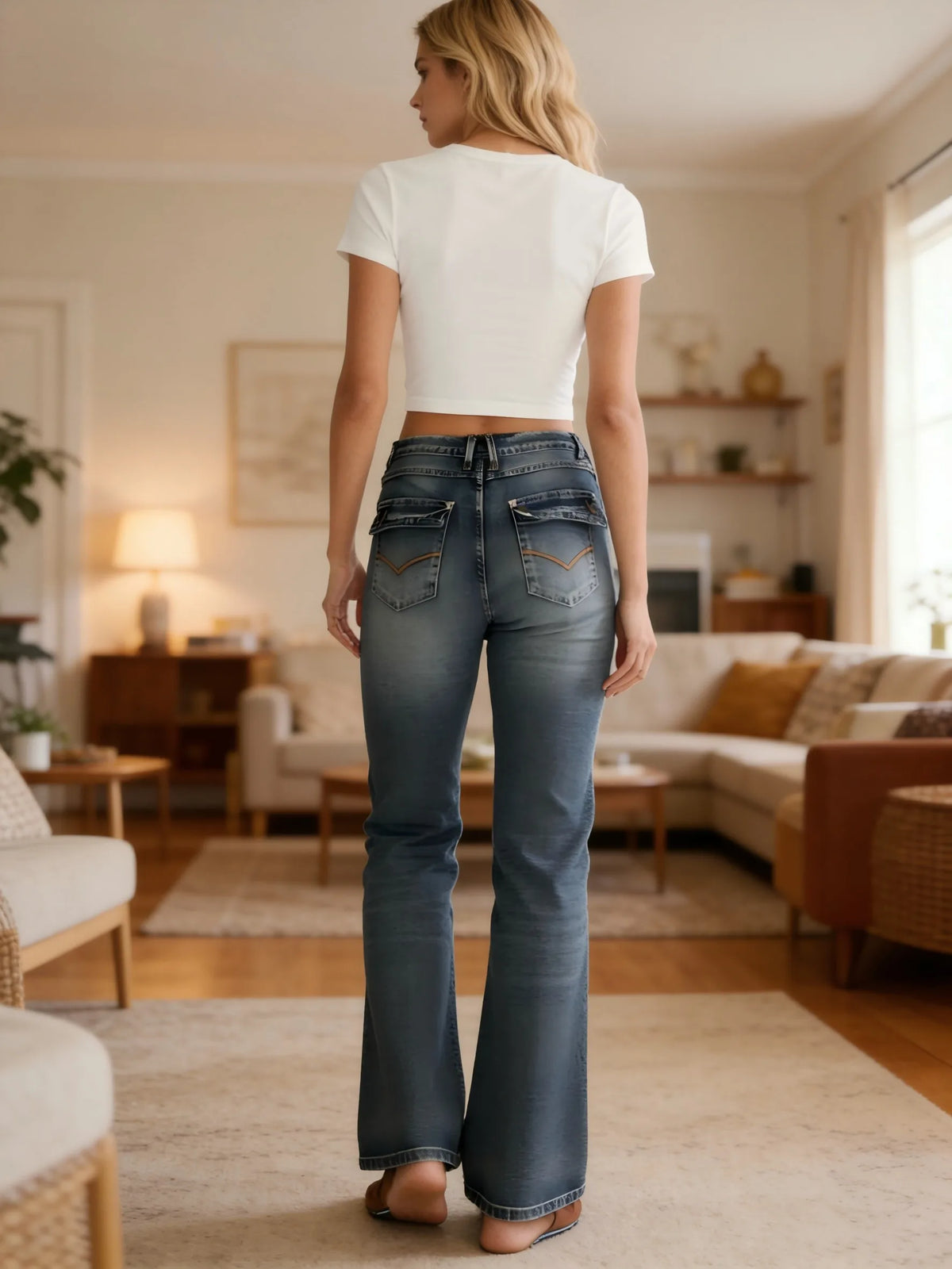【HME】Jeans | Women Gradient Wash Denim Pants, Mid-High Waist Flare Bootcut Denim Jeans, Flap Back Pockets With Contrast Stitching, Vintage Retro Style Pants For Daily Casual & Commute Wear