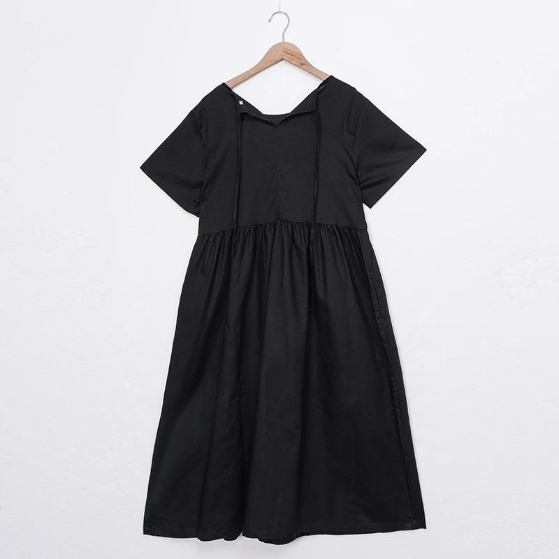 Women Cotton Linen Midi Dresses Summer Chic Female Vestidos Loose A-Line Dress Short Puffy Sleeve Casual Sundress