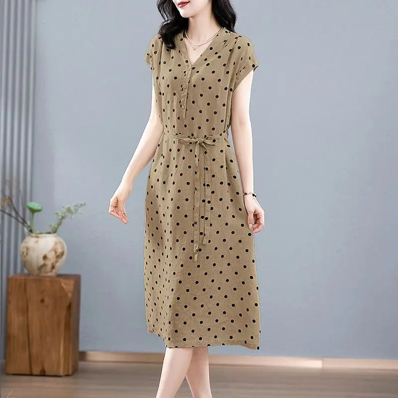 Cotton and Linen Dress French Polka Dot Print Fashion Long Skirt Summer New V-neck Casual Lace-up A-line Skirt