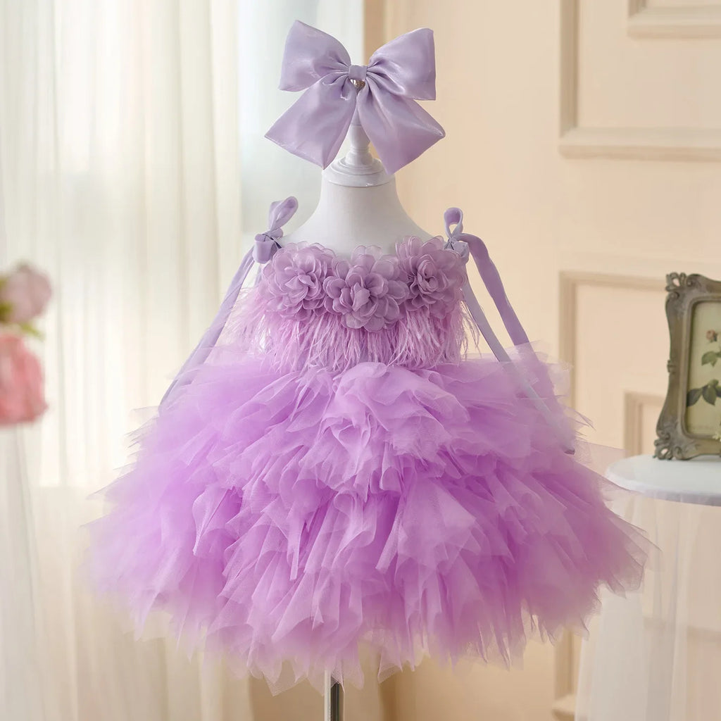 Kids Mesh Party Dress Tutu Elegant Princess Dress Baby Girls Flower Tassel One Year Old Puff Dress Children Costume For A Girl