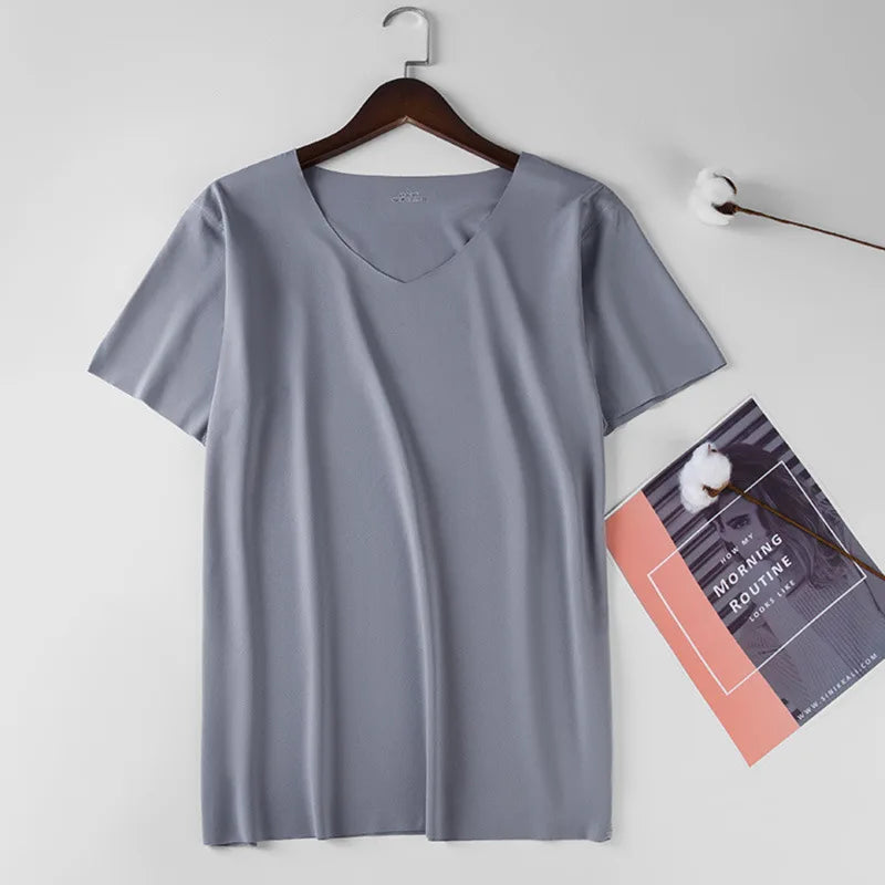 Men V Neck Ice Silk T Shirt Seamless Solid Color Slim Short Sleeve Summer Thin No Trace Invisible Bottoming Shirt Casual Daily