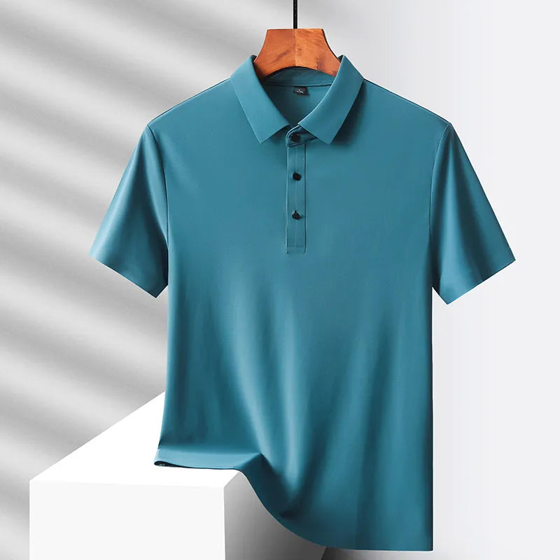 Summer Ice Silk Quick Drying Loose Polo Shirt Middle Aged Men's Solid Lapel Button Simple Versatile Casual Thin Short Sleeve Top