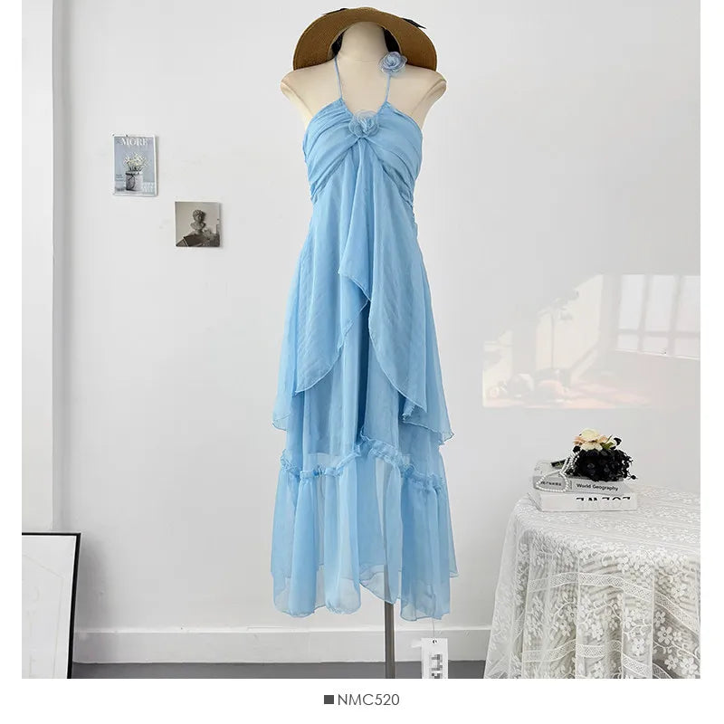 French style three-dimensional flower hanging neck lace-up dress women's summer vacation style sexy backless big swing skirt