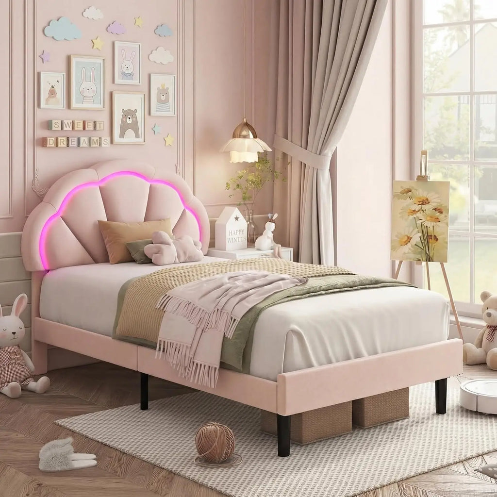Girls Twin Upholstered LED Bed Frame with Adjustable Petal Headboard, Pink
