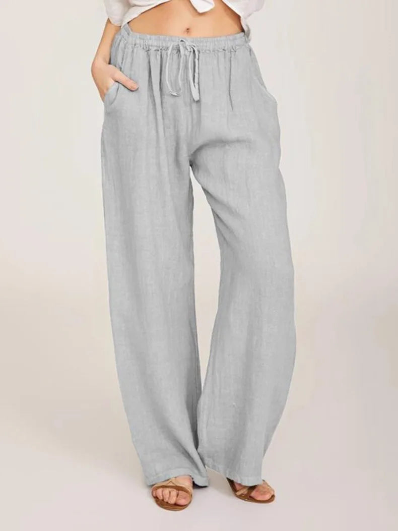 Wide Leg Linen-Blend Casual Pants | Loose Fit Women's Trousers
